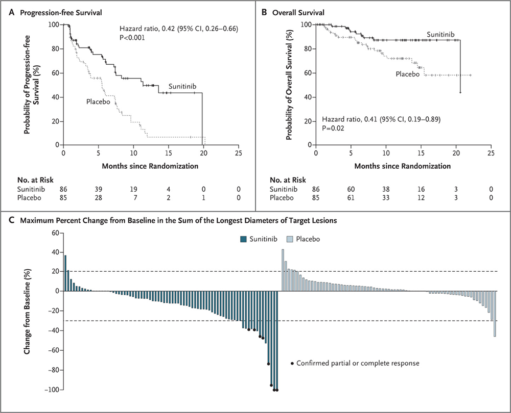 Grafické zobrazenie hodnotiacich parametrov klinickej štúdie so sunitinibom